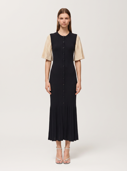 Ribbed Button-Front Knit Midi Dress