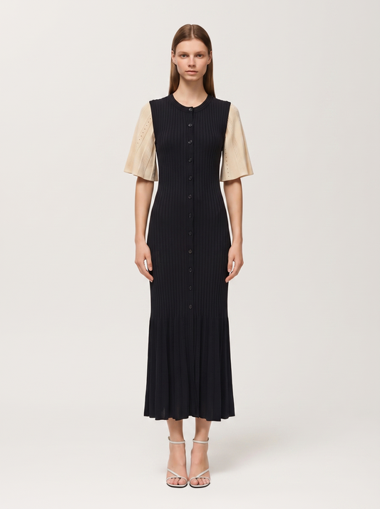 Ribbed Button-Front Knit Midi Dress