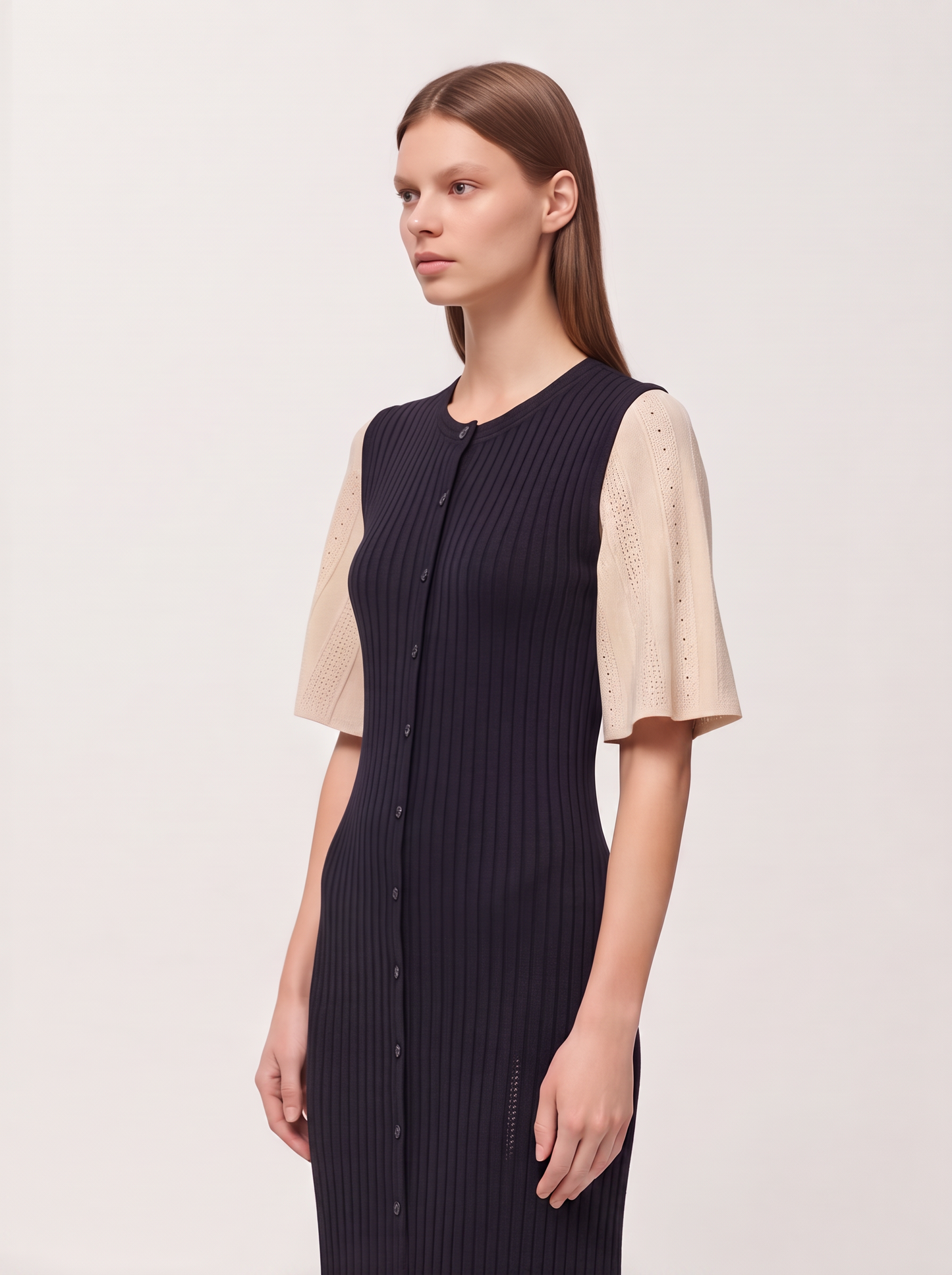 Ribbed Button-Front Knit Midi Dress
