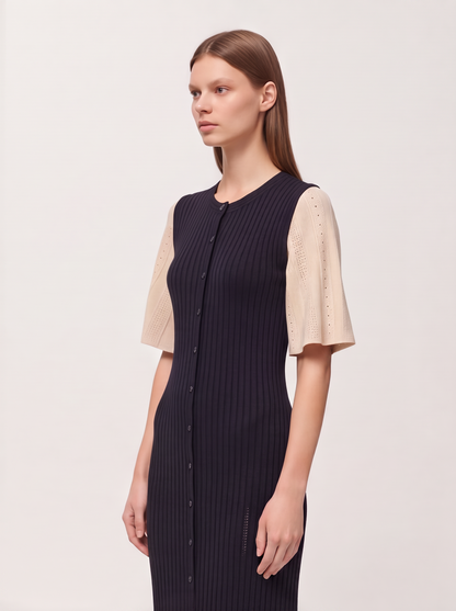Ribbed Button-Front Knit Midi Dress