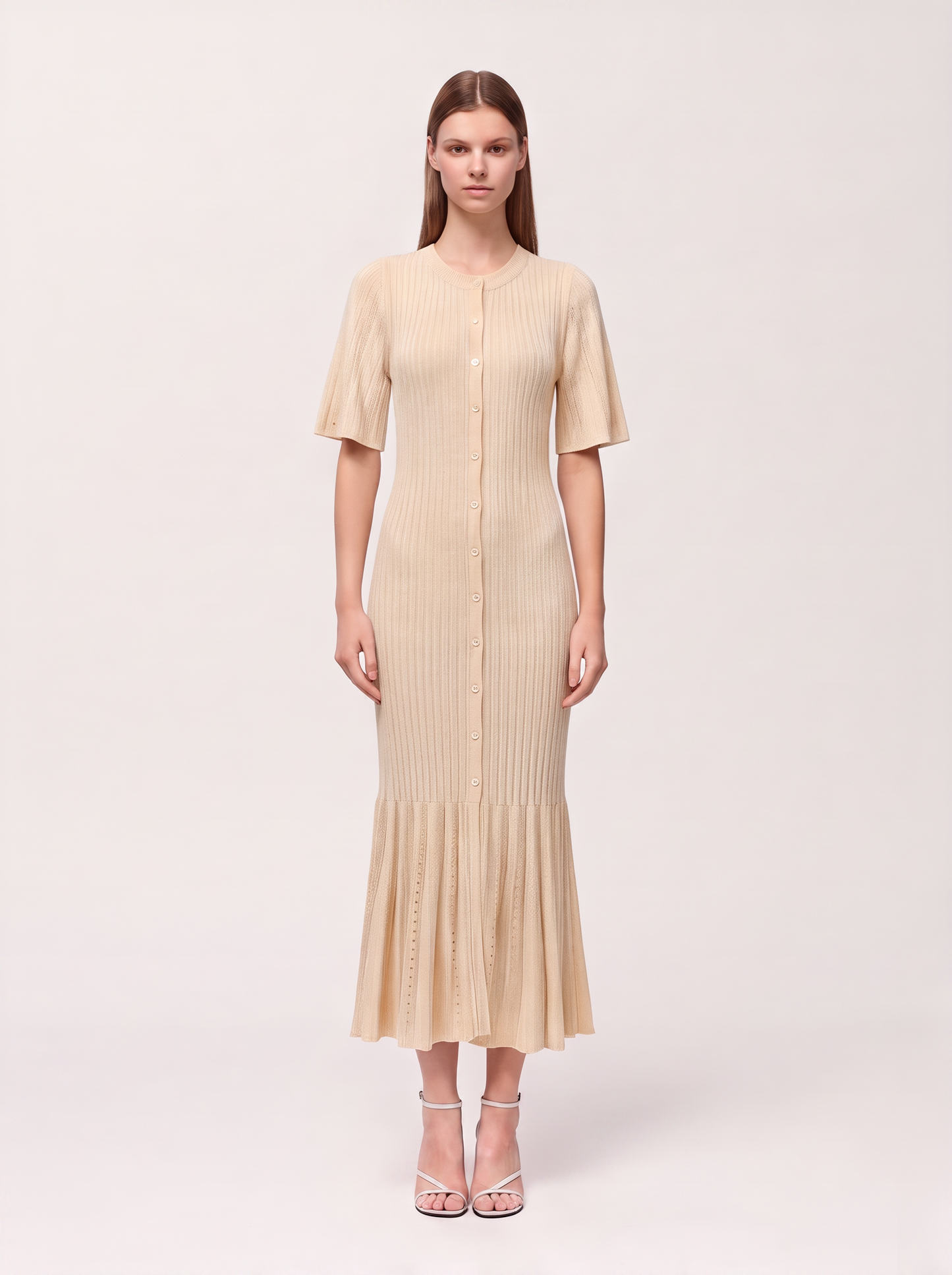 Ribbed Button-Front Knit Midi Dress