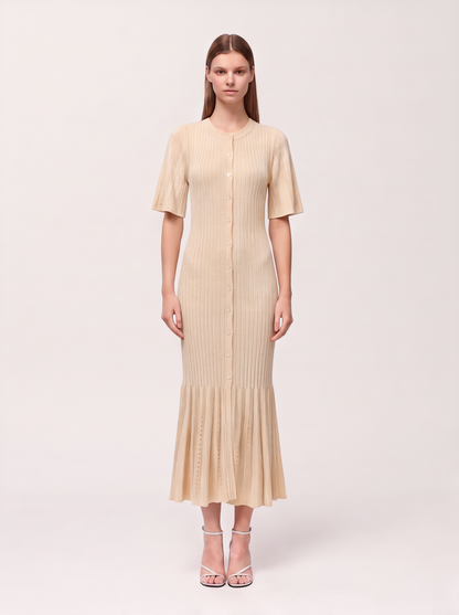 Ribbed Button-Front Knit Midi Dress