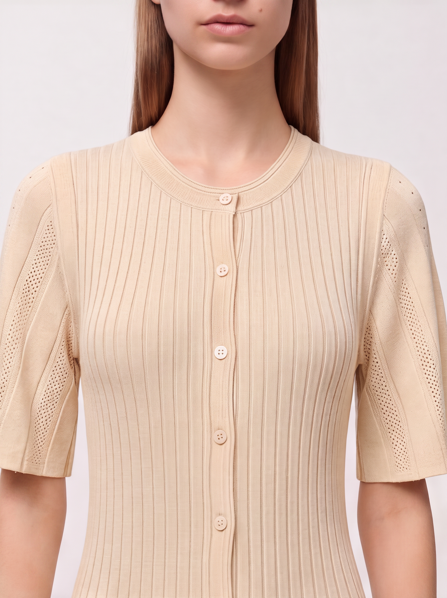 Ribbed Button-Front Knit Midi Dress