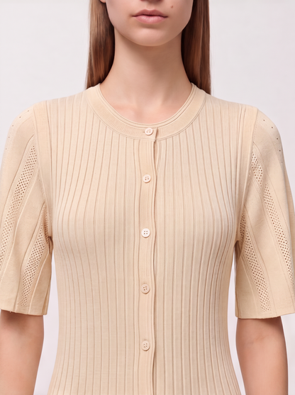 Ribbed Button-Front Knit Midi Dress