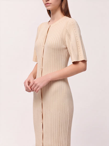Ribbed Button-Front Knit Midi Dress