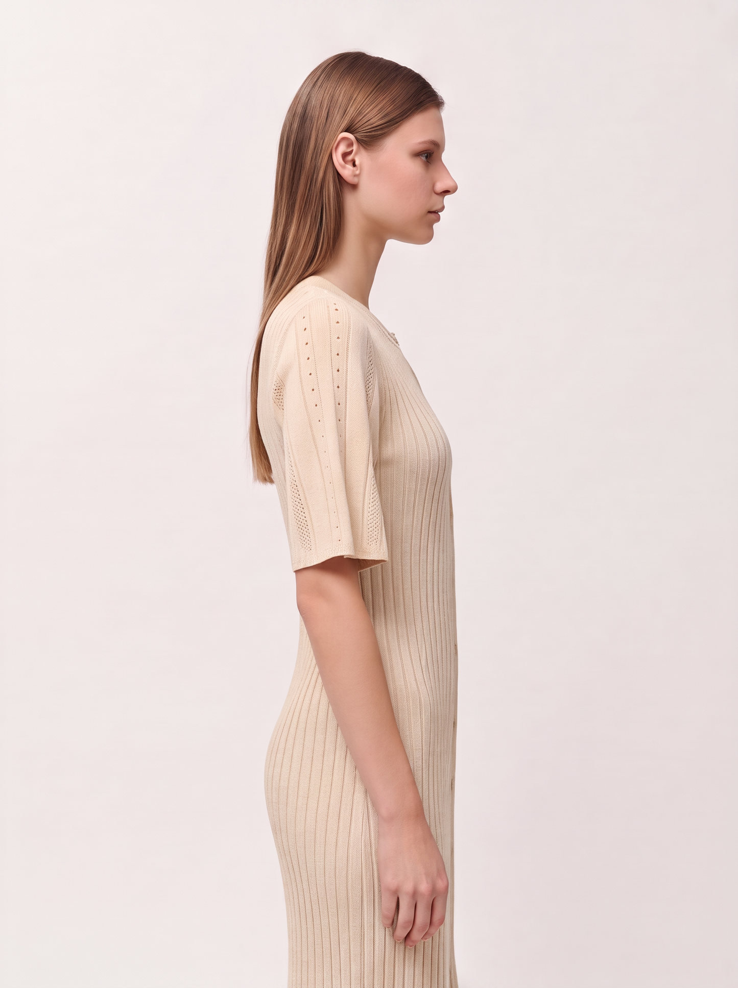 Ribbed Button-Front Knit Midi Dress