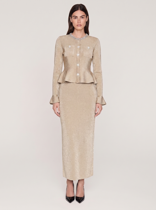 Crystal-Button Shimmer Knit Midi Dress