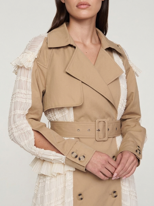 Lace-Panel Belted Longline Trench Coat