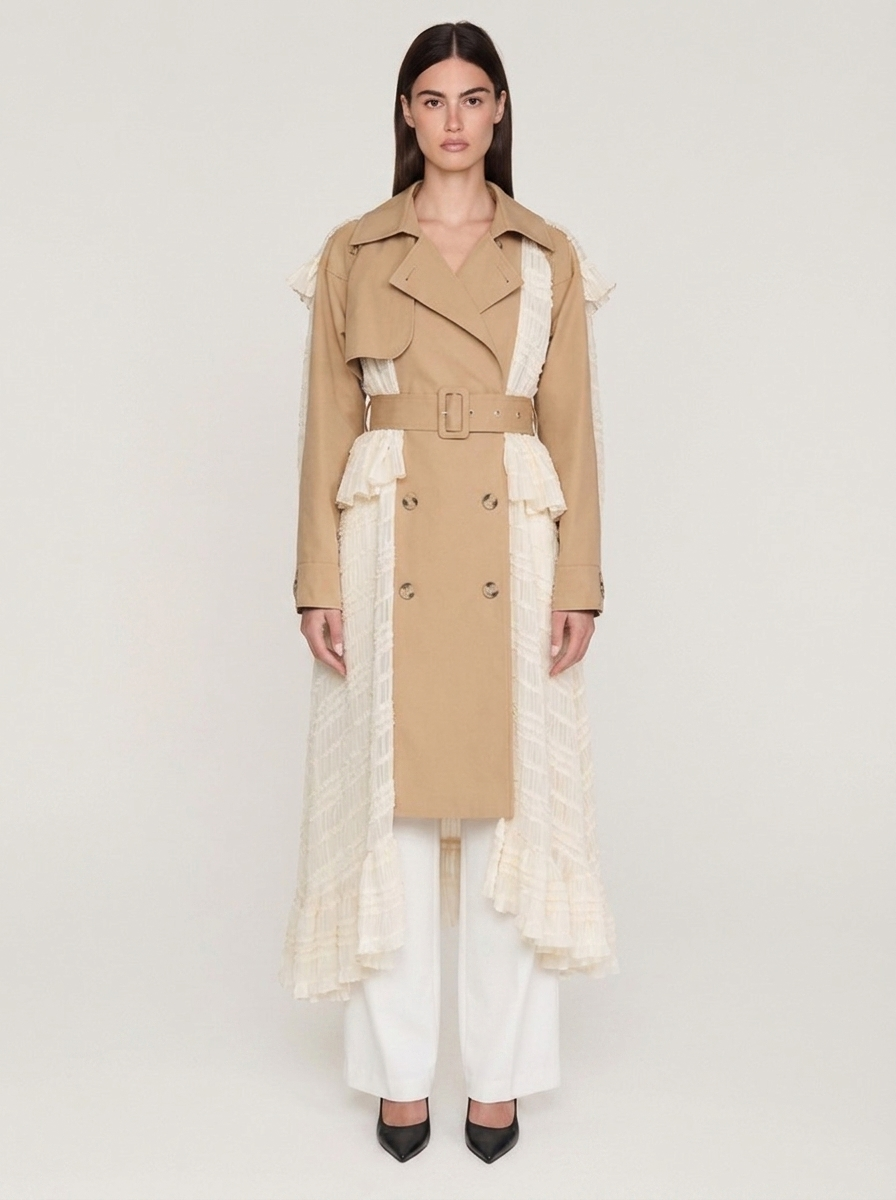 Lace-Panel Belted Longline Trench Coat