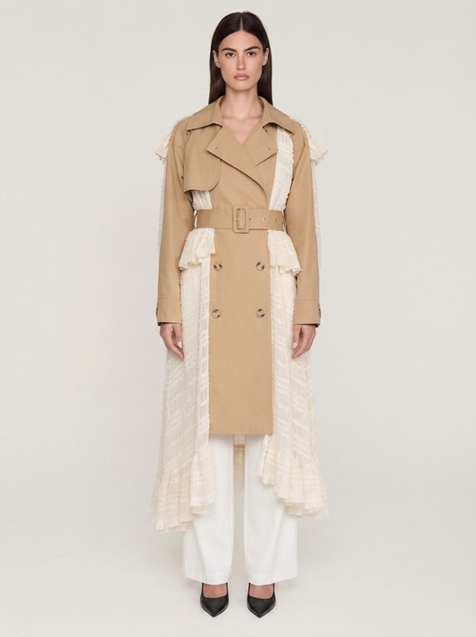 Lace-Panel Belted Longline Trench Coat
