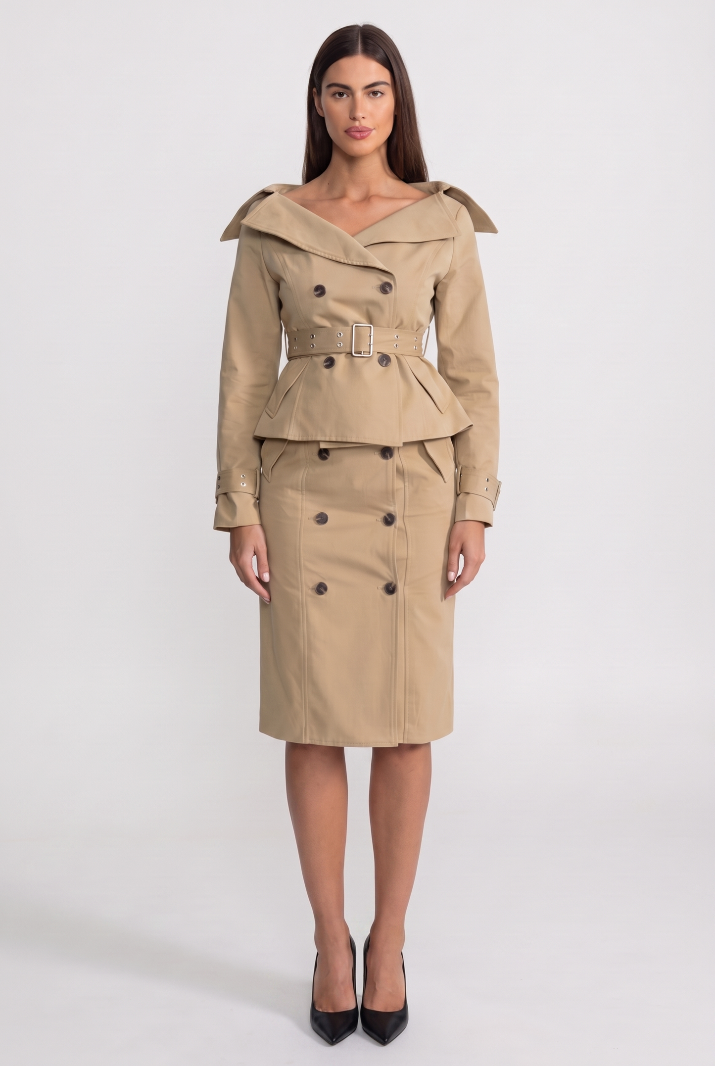 Off-Shoulder Peplum Trench Two-Piece Set