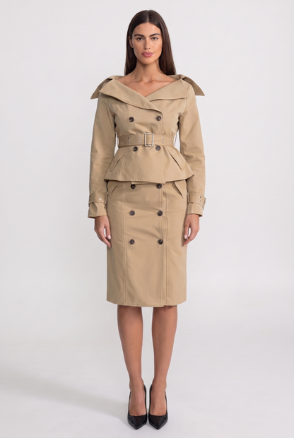 Off-Shoulder Peplum Trench Two-Piece Set