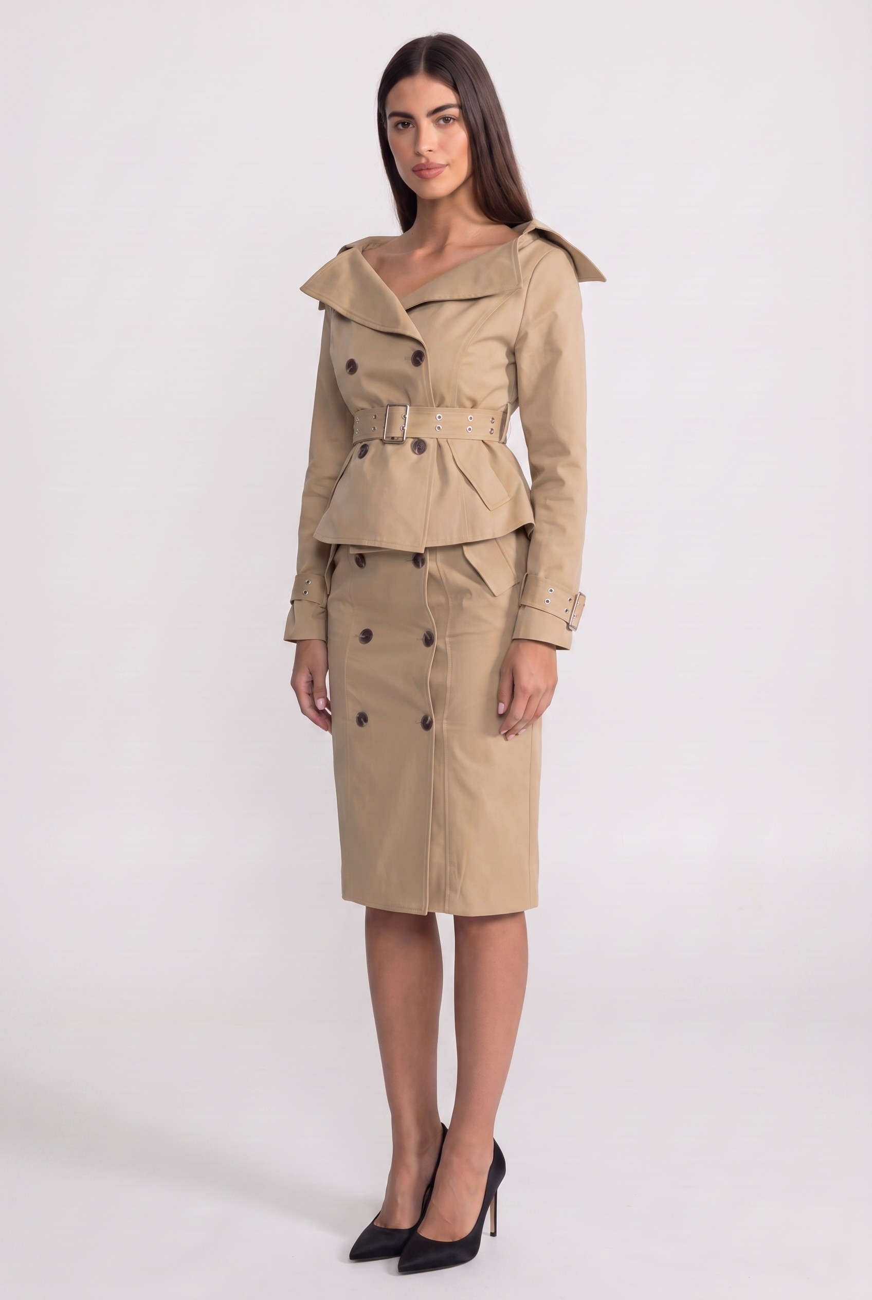 Off-Shoulder Peplum Trench Two-Piece Set