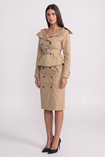 Off-Shoulder Peplum Trench Two-Piece Set