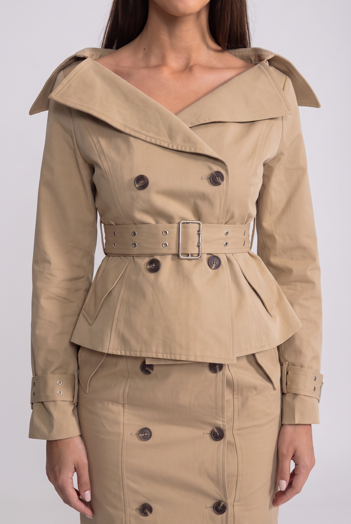 Off-Shoulder Peplum Trench Two-Piece Set