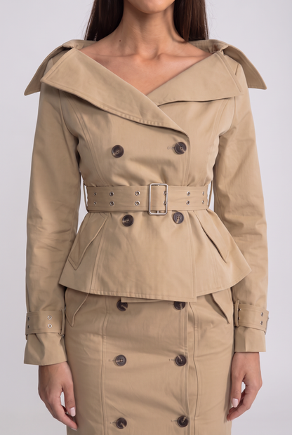 Off-Shoulder Peplum Trench Two-Piece Set