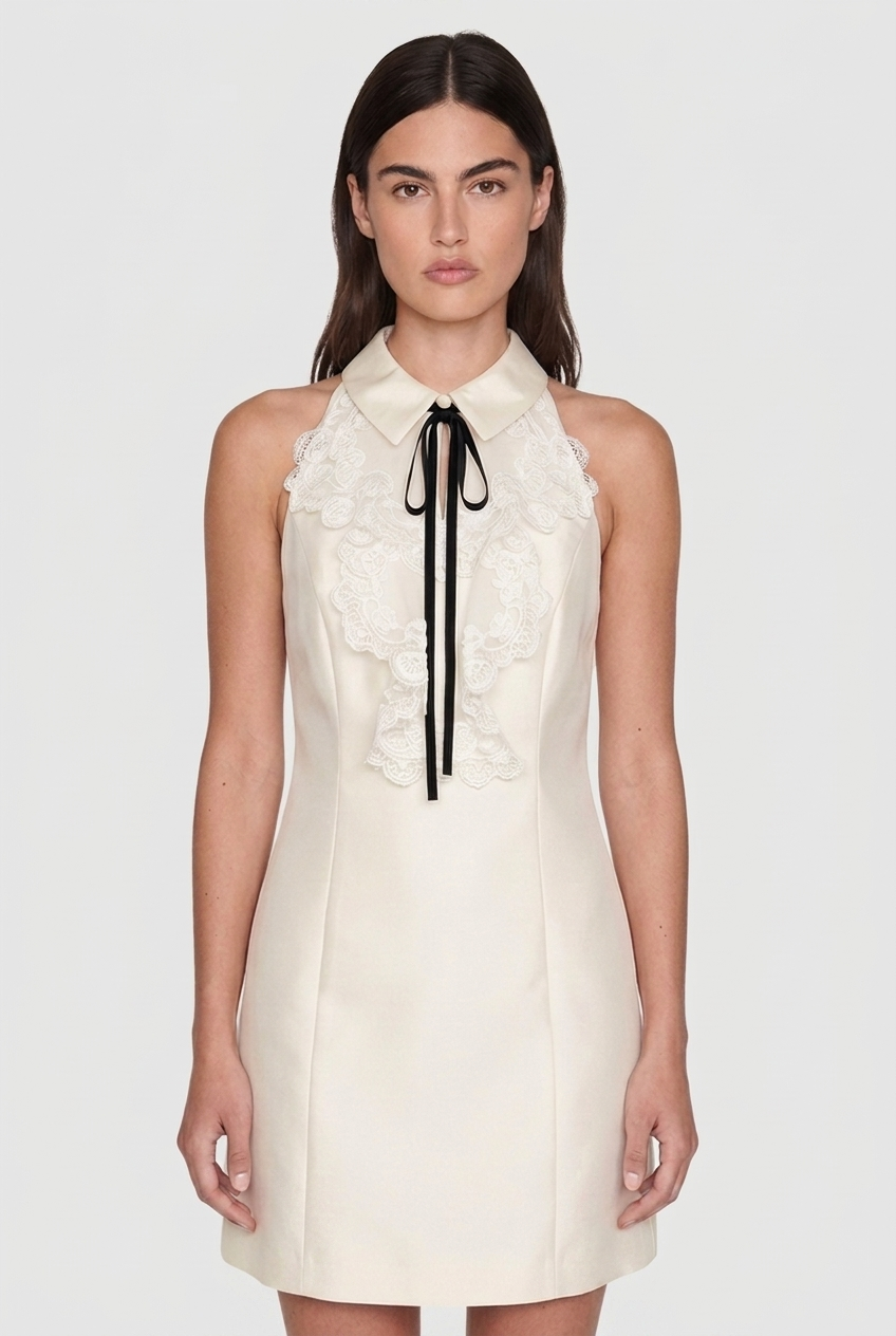 Lace-Bib Cotton A-Line Mini Dress